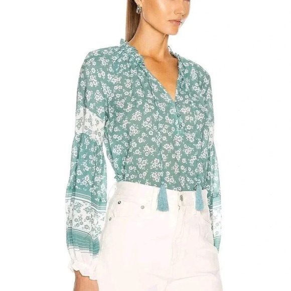 Veronica Beard Blouse Size 0 Blue Kalina Floral Silk Peasant Button Front - Picture 1 of 12